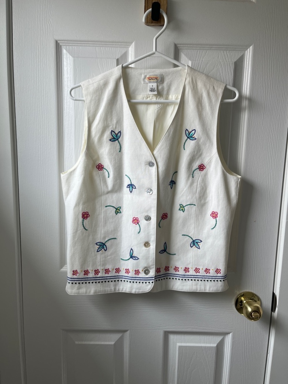 Talbots White Embroidered Linen Vest Grandma Core Cottage Core